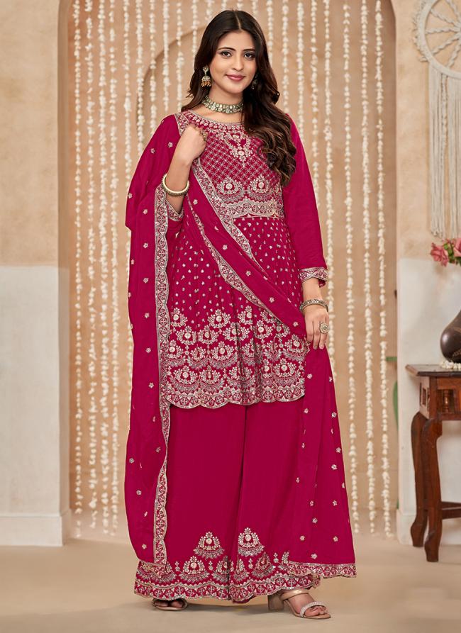 Chiffon Hot Pink Wedding Wear Embroidery Work Plazzo Suit